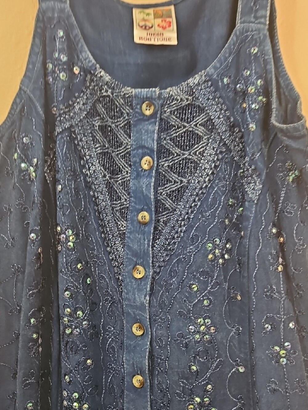 India Boutique Navy Embroidered Button-Front Sundress - Picture 3 of 4